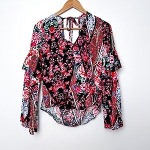 JASSE Handshaped In The Shed Cottagecore Style Floral Ruffle Bell Sleeve Blouse